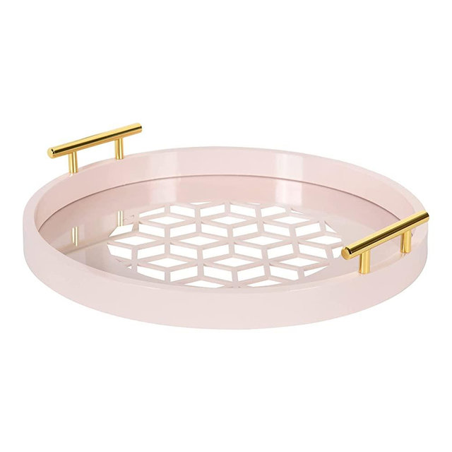 Kate and Laurel Caspen Decorative Round Tray with Cut Out Patterned Center and Gold Metal Handles, Pink
