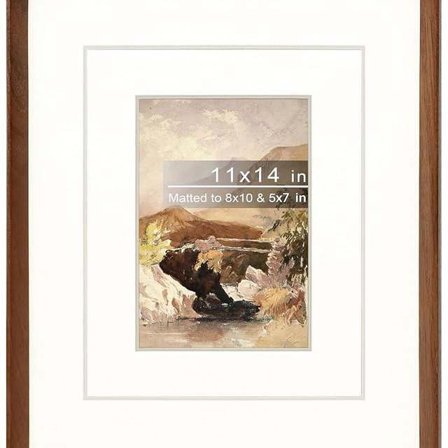 Gdfmsc 11x14 Picture Frame with Mat for 5x7/8x10, Natural Walnut Wood Handcrafted Rounded Corner with Real Glass, Vertical or Horizontal Display Photo Gallery Wall Mounting Frame