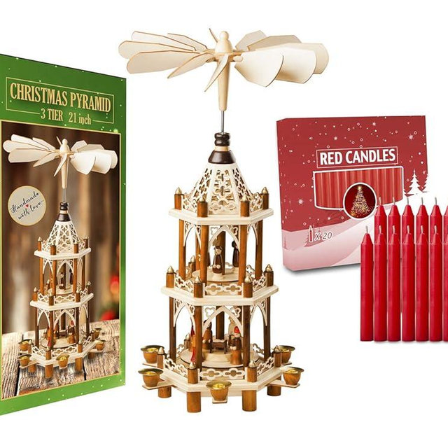 German Christmas Decoration Pyramid-21 Inches-with 20pcs Red Candles Included-Wood Nativity Scene -Christmas and Tabletop Holiday Decor-3 Tiers Carousel-6 Candle Holders-German Design (Natural)