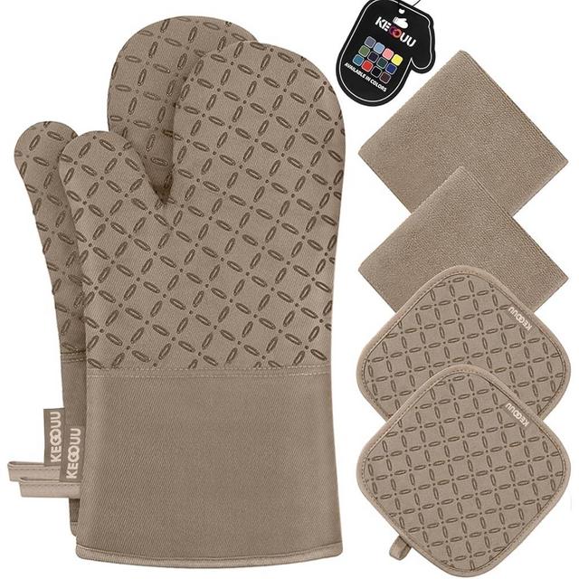 KEGOUU Oven Mitts and Pot Holders 6pcs Set, Kitchen Oven Glove High Heat Resistant 500 Degree Extra Long Oven Mitts and Potholder with Non-Slip Silicone Surface for Cooking (Khaki)