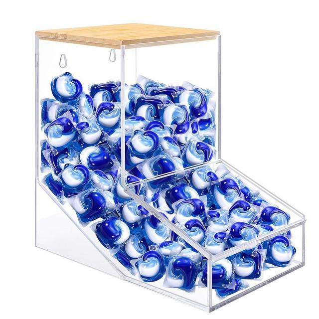 JYPS Laundry Pods Container, Acrylic Dishwasher Pods Holder w/ 2 Lids, Dispenser For Powder, Dryer Balls, Beads, Soap Organizer For Room Desktop / Wall Mount, Snack Candy Organization Storage