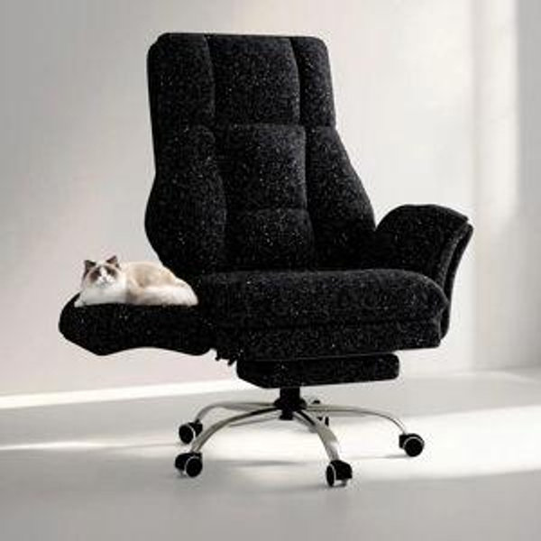Black Big and Tall Office Chair, Flip Armrests for Pets & Cross Legged Sitting, Executive Ergonomic Computer Gaming Chair with Foot Rest - Shiny Black Chenille