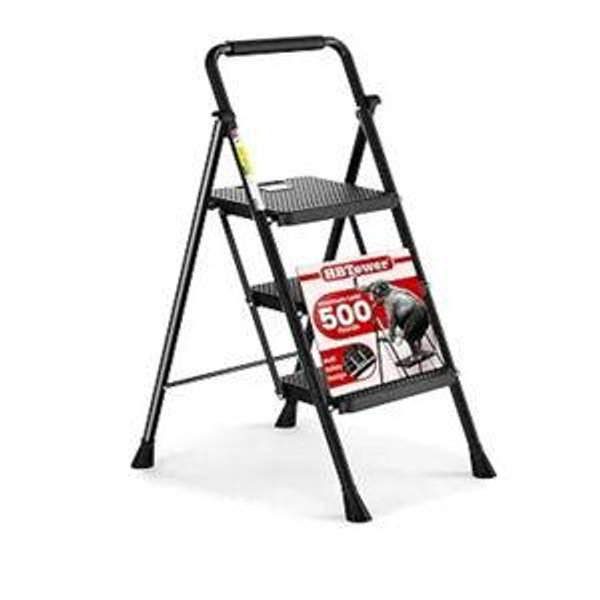 HBTower Step Ladder, Folding Step Stool with Wide Anti-Slip Pedal, Sturdy Steel Ladder, Convenient Handrail, Lightweight, Portable Steel Step Stool