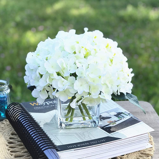 Enova Home Artificial Hydrangea Silk Flowers Arrangements in Cube Glass Vase for Home Wedding Decoration