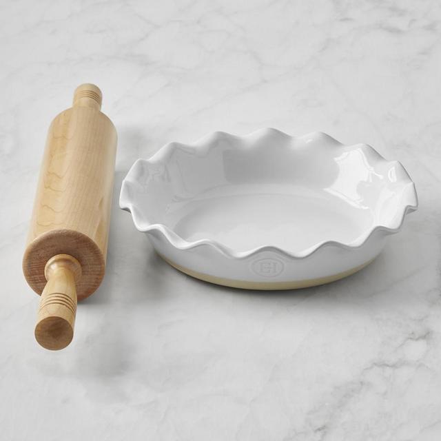 Emile Henry Ruffled Pie Dish, White & Maple Rolling Pin Set