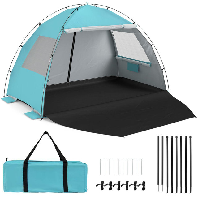Costway Beach Tent Sun Shelter with Canopy Pop-Up 5-6 Person UPF50+ Sun Protection Blue