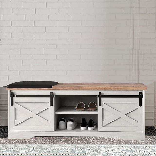 BAMACAR 47'' Shoe Bench for Entryway, Farmhouse Shoe Bench Entryway with Storage, Entryway Benches with Shoe Storage, White Shoe Storage Bench with Cushion, Wood Shoe Bench with Storage and Seating