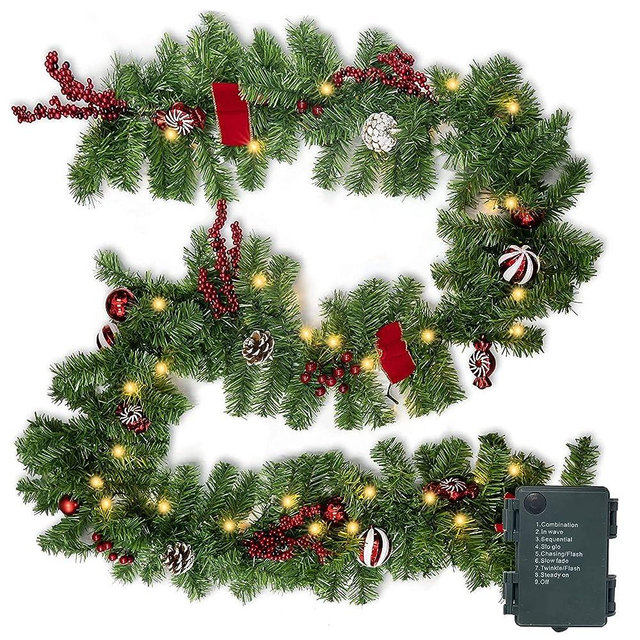Nerosun 9FT Christmas Garland with 50LED Lights, Battery Operated Prelit Garland Christmas Decorations Timer 8 Mode, Artificial Outdoor Christmas Garland Greenery Pinecone for Indoor Door Decor