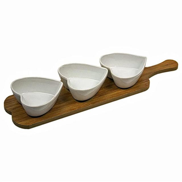 Decorative Heart Shaped Three Comparted White Ceramic Bowls with Wood Tray, Long Appetizer Serving Dishes with Handle, Divided Triple Bowl Set, Serving Platter for Snack, Fruit, Sauce, Salad, Chips