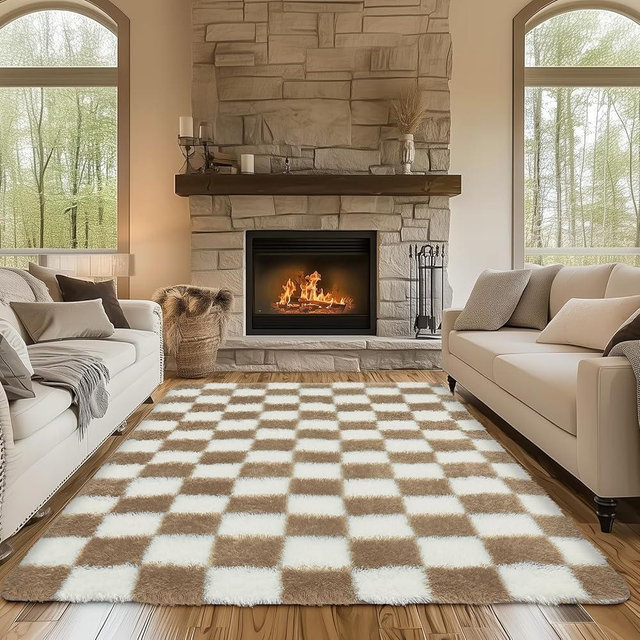Ecoshag Soft Rugs for Living Room, 8x10 Ft Beige and White Checkered Fluffy Shaggy Rugs for Indoor Use, High Pile Ultra Fuzzy Rug for Bedroom Kids Nursery Rooms,Home Decor Aesthetic