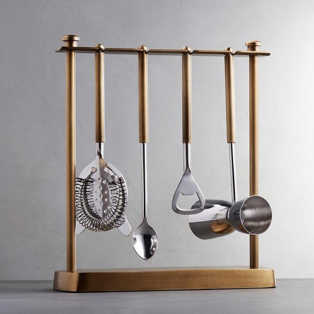 Bleecker 5-Piece Bar Tool Set (jigger, strainer, spoon, bottle opener & holder) - Antiqued Gold