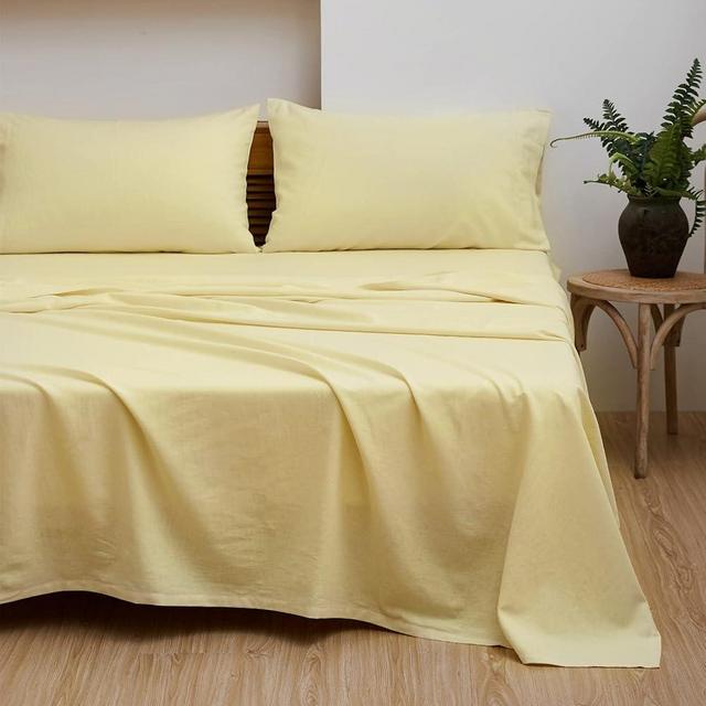 Simple&Opulence Belgian Linen Sheet Set Solid Color - 4 Pieces (1 Flat Sheet, 1 Fitted Sheet & 2 Pillowcases) Natural Flax Cotton Blend Soft Breathable Farmhouse Bedding - Queen Size, Pale Yellow