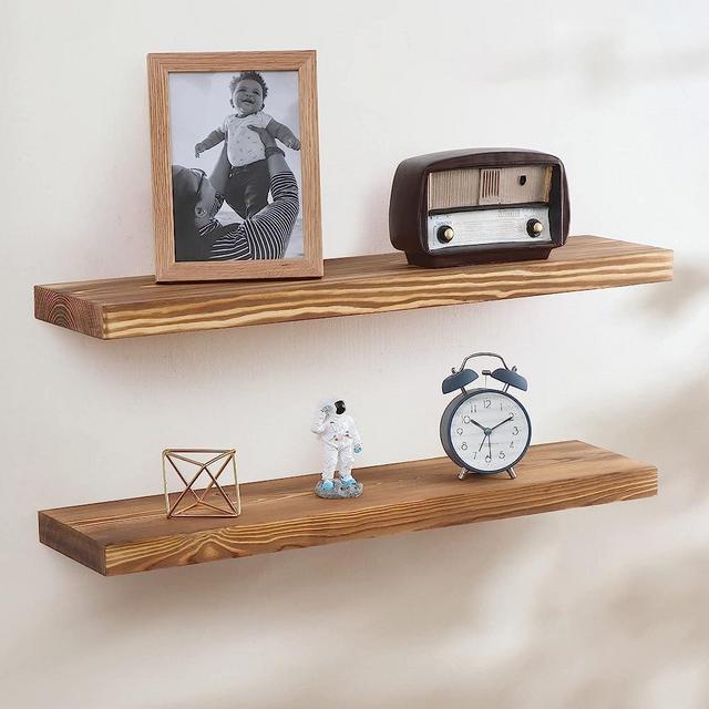 Floating Shelves - Natural Rustic Wooden Wall Shelf Set of 2- 24 Inch Handcrafted European Pine Storage Shelf Display Shelf for Kitchen Bathroom Living Room Bedroom Farmhouse - Light Walnut