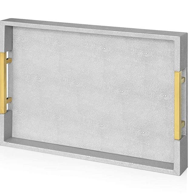Home Redefined Modern Elegant 18"x12" Rectangle Grey Glossy Shagreen Decorative Ottoman Coffee Table Perfume Living Room Kitchen Serving Tray with Gold Polished Metal Handles for All Occasion's