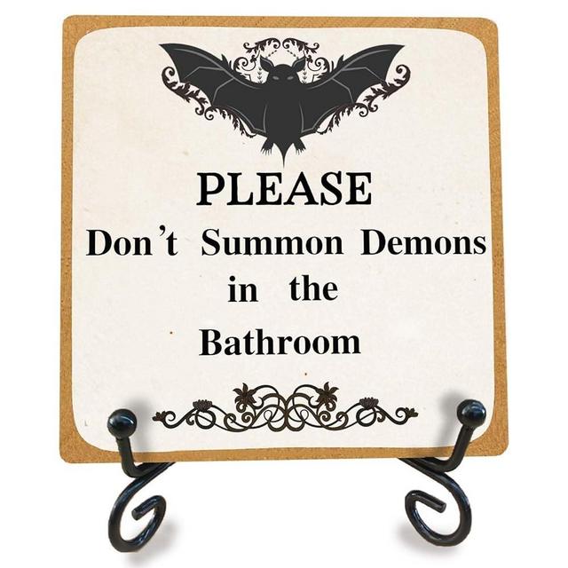 Gothic Wooden Sign Bathroom Decor, Please Do Not Summon Demons in the Bathroom, Funny Home Office Gifts for Women Men Friends Coworkers-A07