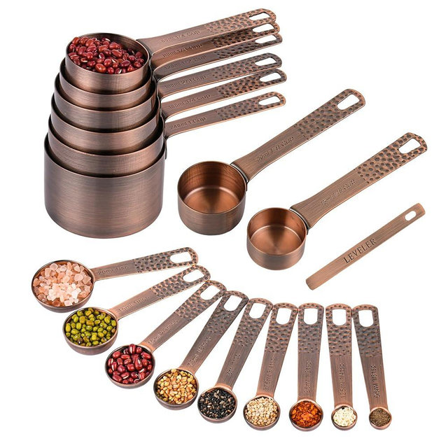 SUNMVEHOT Copper Measuring Cups and Spoons Set 20 for Kitchen & Baking, Metric & US Stainless Steel Measuring Cups and Spoons with Leveler for Dry & Liquid, 8 Copper Plated Measure Cup & 9 Spoon