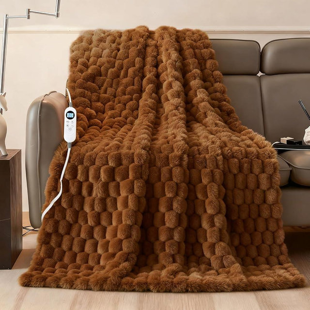 Electric Heated Blanket Throw 50" x 60" Soft Ribbed Faux Fur Flannel Fast Heating 12 Heat Levels 1–12H Timer & Overheat Protection & Auto Shut-Off & ETL FCC & Machine Washable Heated Throw (Brown)