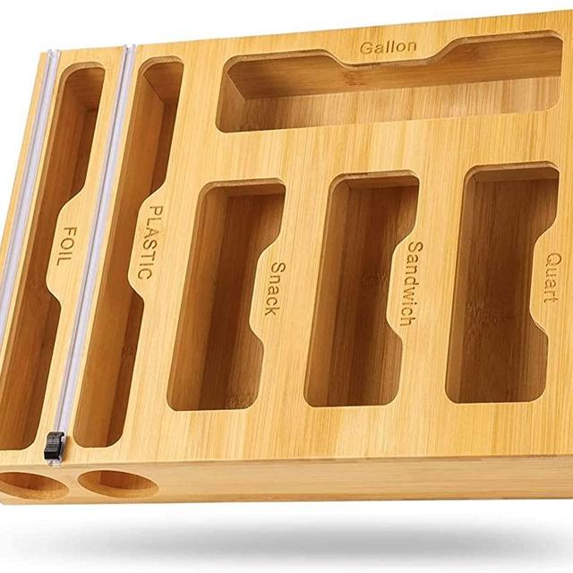 Baraboo 6 in 1 Bamboo Ziplock Bag Storage Organizer & Foil and Plastic Wrap Organizer with Cutter - Suitable for Gallon, Quart, Sandwich, & Snack Bag, Cling, Foil, Compatible with 12'' Kitchen Rolls