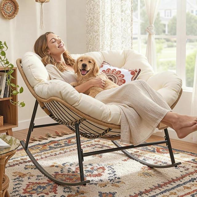 BULEXYARD Oversized Rocking Egg Chair Indoor Outdoor, Wicker Royal Papasan Rocking Chair with Beige Thick Cushion, 450 Lbs Heavy Duty Comfy Recliner Lounge Rocker for Balcony, Porch, Backyard, Lawn