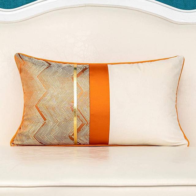 Alerfa 12 x 20 Inch Orange White Geometric Striped Gold Leather Patchwork Velvet Cushion Case Luxury Modern Lumbar Throw Pillow Cover Decorative Pillow for Couch Sofa Living Room Bedroom Car