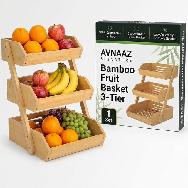 AVNAAZ SIGNATURE Bamboo Fruit Basket 3-Tier - Premium Produce Bamboo Basket for Kitchen - Durable & Easy to Assemble Stand for Countertop - Perfect Holder for Vegetables, Bread, Snacks & More