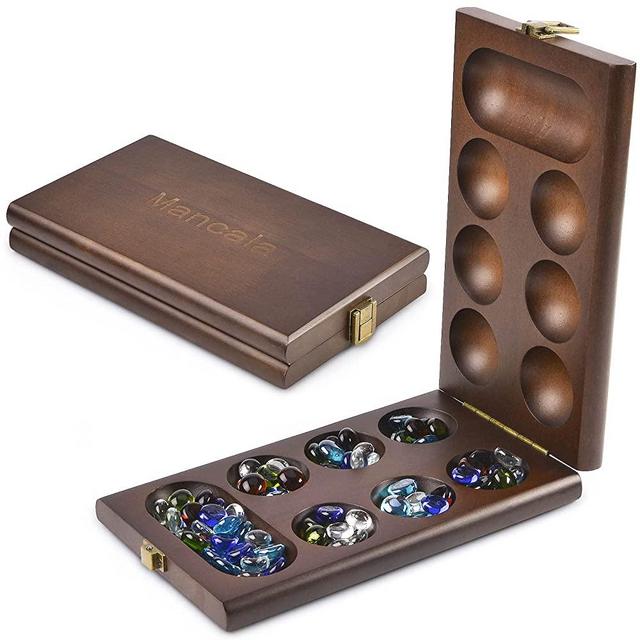 AMEROUS Wooden Mancala Board Game Set with 72+8 Bonus Multi Color Glass Stones - Folding Board - Mancala Instructions - Gift Package, Classic Family Board Game for Ages 6 to Adults, Tabletop Version