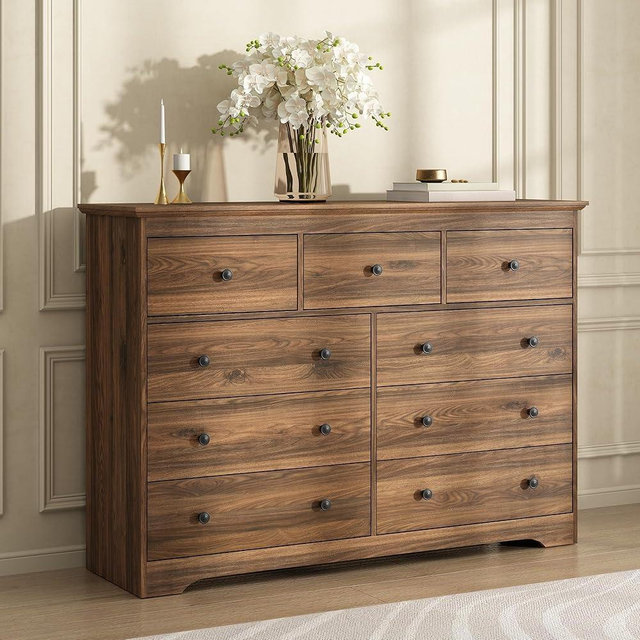BAZELOR Dresser for Bedroom, 9 Drawer Dresser with Large Drawers, 55 Inch Wide Wood Chest for Living Room, Hallway, Walnut