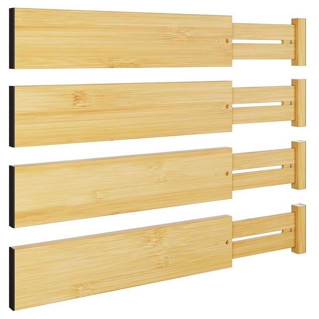 BAMEOS 4 pcs 3" High Bamboo Drawer Dividers Adjustable Drawer Organizer Expandable Drawer Organization Utensil Organizers for Kitchen Dresser Bathroom Bedroom and Office