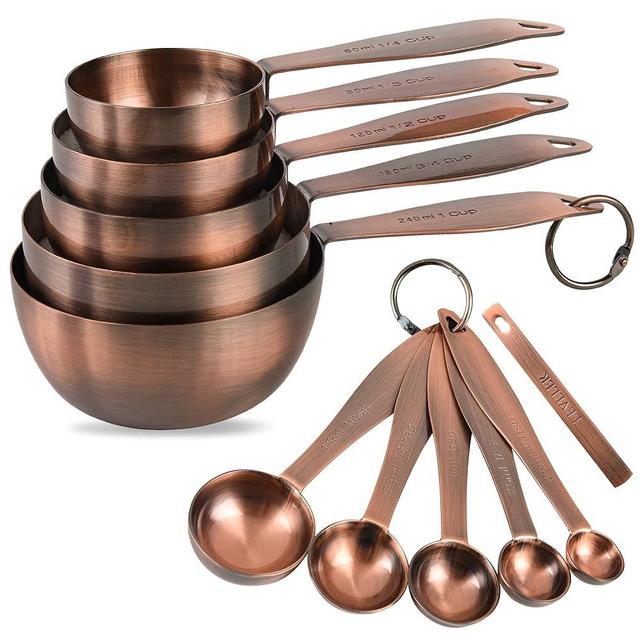 Copper measuring cups and spoons set,Includes 5 Copper Measuring Cups and 5 Measuring Spoons and Measure Ingredient Leveler and Rings（copper）