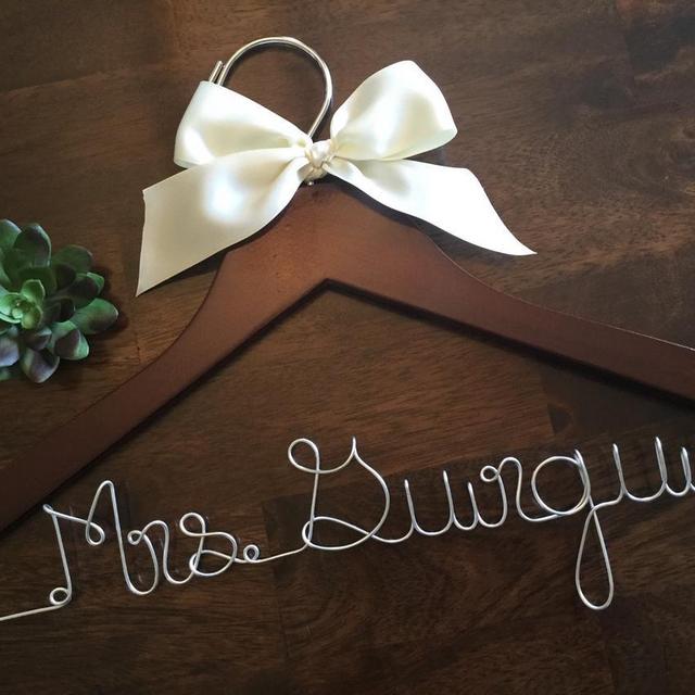 Personalized Wedding Hanger with Custom Wire Name (Dark Wood with Champagne Bow)