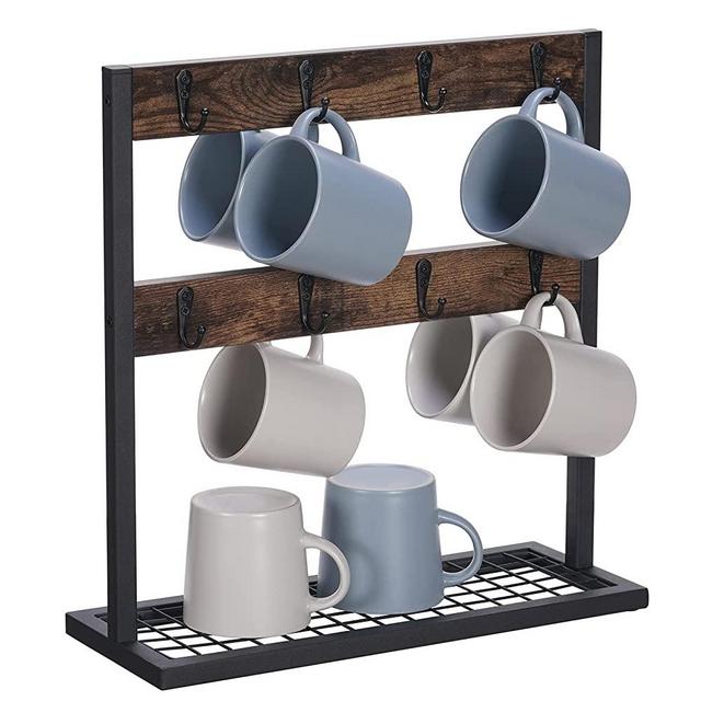 Coffee Mug Holder for Countertop, 2 Tier Rustic Wood Coffee Cup Holder Stand with Metal Mesh Storage Shelf, Mug Tree Rack Holder, Retro Brown, 16 Hooks