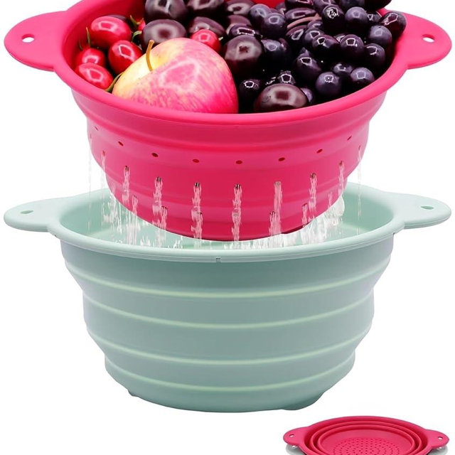 FUSMYE Collapsible Silicone Colander Bowl Set,BPA Free, Heat Resistant, Stainless Steel Nesting, Portable Washing Basket Strainer Drain Basin for Camping, Hiking, Kitchen, Dishwasher Safe