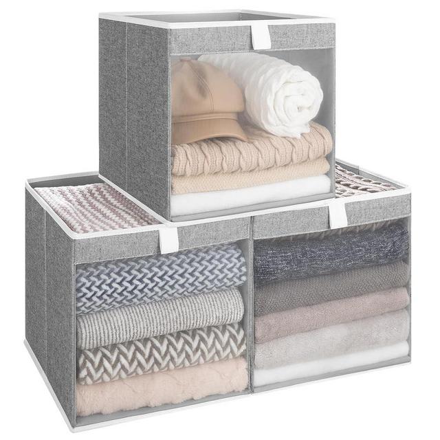 StorageWorks 13x13 Storage Cubes, Closet Storage Bins with Clear Window, Large Fabric Organizer for Clothes, Collapsible Storage Baskets with Handles, Gray, 3-Pack