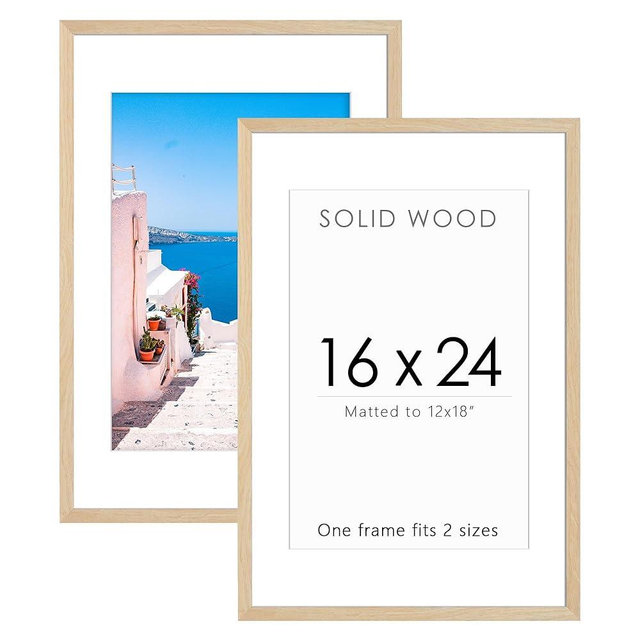 Decobility 16x24 Solid Wood Poster Frame, Natural Wood Picture Frame with Paper Mat, Display picture 12x18 with mat or 16x24 without Mat, Set of 2 Oak Wood Grain Picture Frame