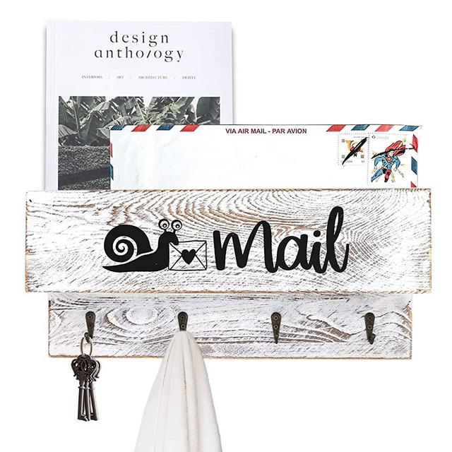 Entryway Mail and Key Holder Wall Mount with 4 Hooks, Farmhouse Mail Organizer Rack with Key Hooks for Entryway/Mudroom/Hallway, Housewarming Gift for Familes or Friends -Snail Mail (White)