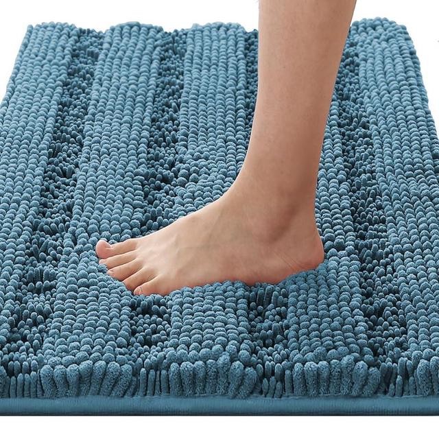 H.VERSAILTEX Bath Rugs for Bathroom Non Slip Bath Mats Extra Thick Chenille Striped Rug 20" x 32" Absorbent Non Skid Fluffy Soft Shaggy Washable Plush Mat for Indoor, Bath Room, Tub - Turquoise Blue