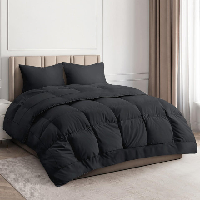 CGK Linens Premium All-Season Down Alternative Comforter - Fluffy Oversized Duvet Insert in Black, Size Queen
