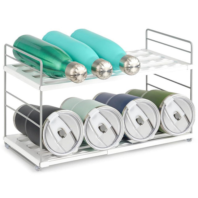 Water Bottle Organizer For Cabinet, Adjustable Tumbler Storage, Expandable Water Bottle Holder For Kitchen Organization, 2 Tier Cup Organizer For Sports Flask Insulated Travel Mug Fridge, White