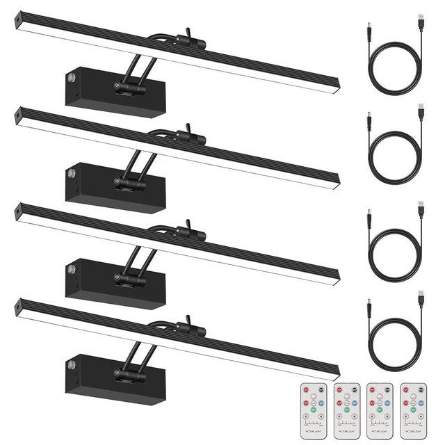 4Pack Rechargeable Picture Light, 5200mAh Black Battery Operated Picture Lights for Wall with Remote Control, 300LM 3000K Warm White Light 16" Metal Dimmable Picture Frame Light for Painting & Artwork