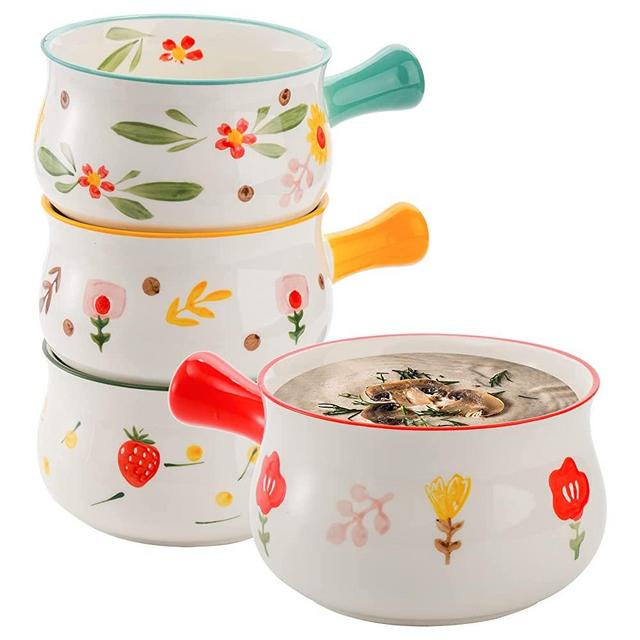 Okllen 4 Pack French Onion Soup Bowls with Handles, 20 Oz Porcelain Soup Crocks Stackable Bakeware Serving Bowls for Cereal, Chili, Beef Stew, Oatmeal, Microwave and Oven Safe, 4 Styles