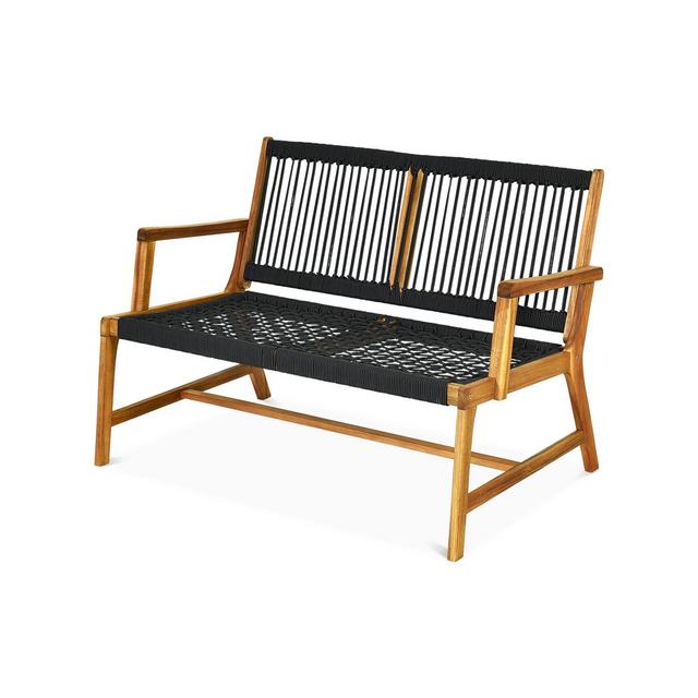 Tangkula 2-Person Outdoor Acacia Wood Bench Patio Loveseat Rope Bench Black