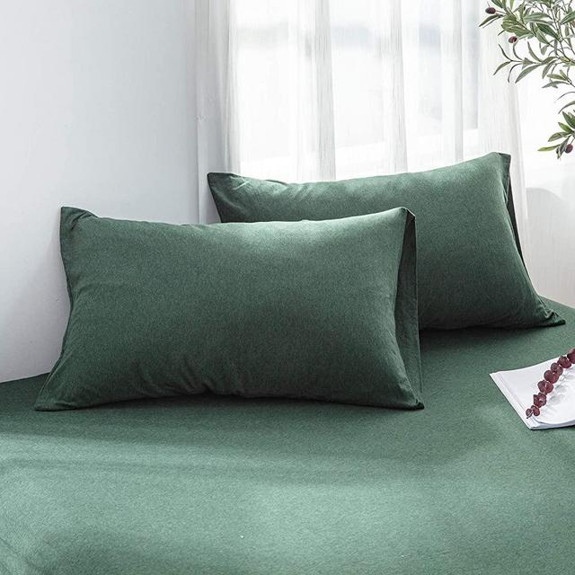 LIFETOWN 100% Jersey Cotton Pillowcases, Queen Pillowcase Set of 2, Super Soft and Breathable (Queen, Dark Green)