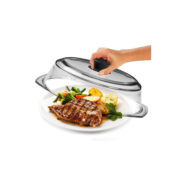 Le'raze Tall Clear Glass Microwave Plate Cover Splatter Guard Lid with Easy Grip Black Silicone Handle - Food Grade and Dishwasher Safe - 10inch