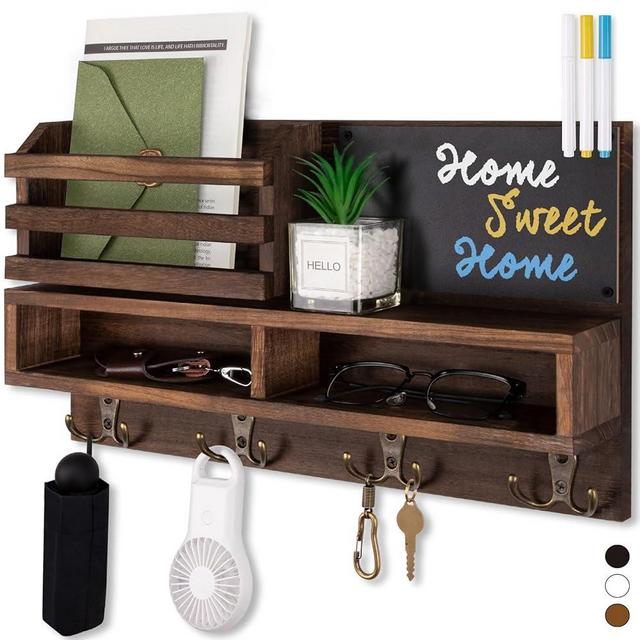FIPUTE Key Holder for Wall, Wall Mounted Mail Holder Wooden with Shelf & 3 Liquid Chalks & Chalkboard, Mail Sorter Organizer, Rustic Home Decor - Entryway Living Room (15.98”W x 9.1”H x 3.3”D), Brown