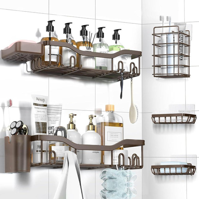 NESOMI Shower Caddy Adhesive Shower Organizer 7-Pack, Rustproof Stainless Steel Bathroom Shelves, Large Capacity No-Drill Rack Storage Accessories with Soap Dish Toothbrush Holder Hooks (Brown)