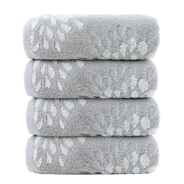 Pidada Hand Towels Set of 4 Hydrangea Pattern 100% Cotton Highly Absorbent Soft Towel for Bathroom 13.4 x 29.1 Inch (Light Grey)