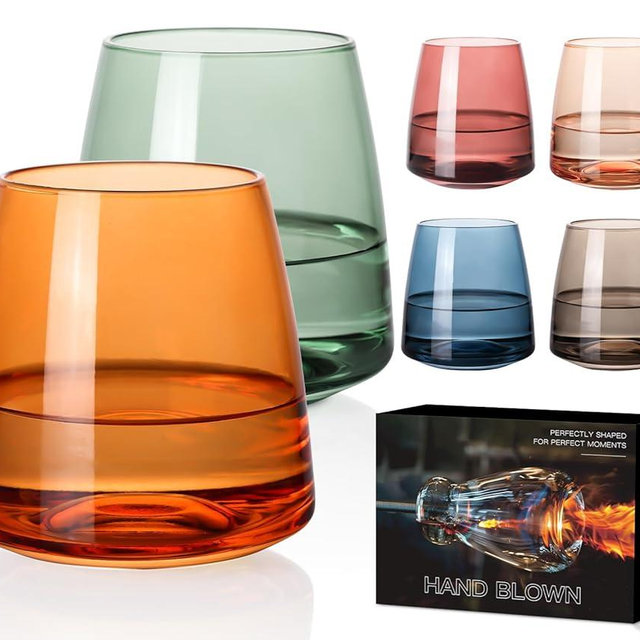 Stemless Colored Wine Glasses Set of 6-14oz Crystal Colorful Wine Glasses-Unique Hand Blown Muticolor Wine Glasses Colorful Wine Glass Wedding gift set for wine lovers