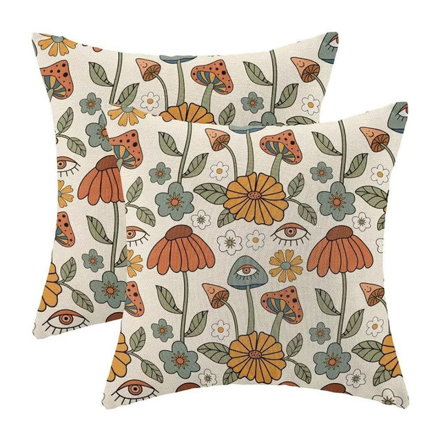 BETGINY Boho Throw Pillow Covers 18x18 Set of 2, Yellow Orange Fun Cute Mushrooms Retro Decorative Outdoor Pillow Covers 70s Vintage Floral Linen Farmhouse for Couch Sofa Summer Home Decor