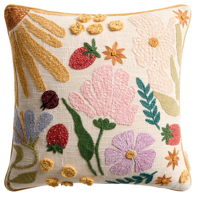 Spring Botanical Embroidered Beaded Throw Pillow
