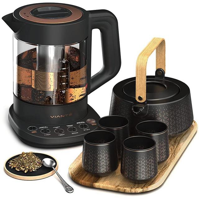 Vianté Luxury Tea Party Set. Complete with Automatic Tea Maker with Tea Infuser for loose tea or tea bags. Ceramic serving set. Tea pot, tea cup set and wooden tray. Excellent gift for tea lovers.